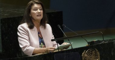 Sweden's Foreign Minister Ann Linde addresses the 2022 Nuclear Non-Proliferation Treaty (NPT) review conference at the United Nations General Assembly, Aug. 1, 2022. (AP Photo)