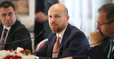 World Ethnosport Confederation President Bilal Erdoğan (C) speaks at a press briefing for the 4th World Nomad Games, Sept. 22, 2022. (DHA Photo)