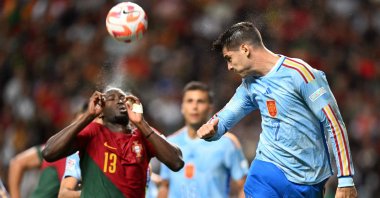 Danilo Pereira (L) vies with Alvaro Morata during the UEFA Nations League match between Portugal and Spain, at the Municipal Stadium in Braga, Portugal, Sept. 27, 2022. (AFP Photo)