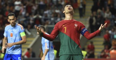 Portugal's Cristiano Ronaldo reacts after missing a scoring chance during the UEFA Nations League soccer match between Portugal and Spain at the Municipal Stadium, Braga, Portugal, Sept. 27, 2022. (AP Photo)
