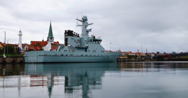  A Danish military vessel at the harbor of Ronne at the island Bornholm, Denmark, Sept. 28, 2022. (EPA Photo)