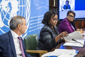 Expert Steven Ratner (L), Chair of the International Commission of Human Rights Experts on Ethiopia Kaari Betty Murungi (C) and Expert Radhika Coomaraswamy (R) speak about the presentation of the first report of the International Commission of Human Rights Experts on Ethiopia, during a press conference at the European headquarters of the United Nations in Geneva, Switzerland, Sept. 22, 2022.  (EPA/MARTIAL TREZZINI)