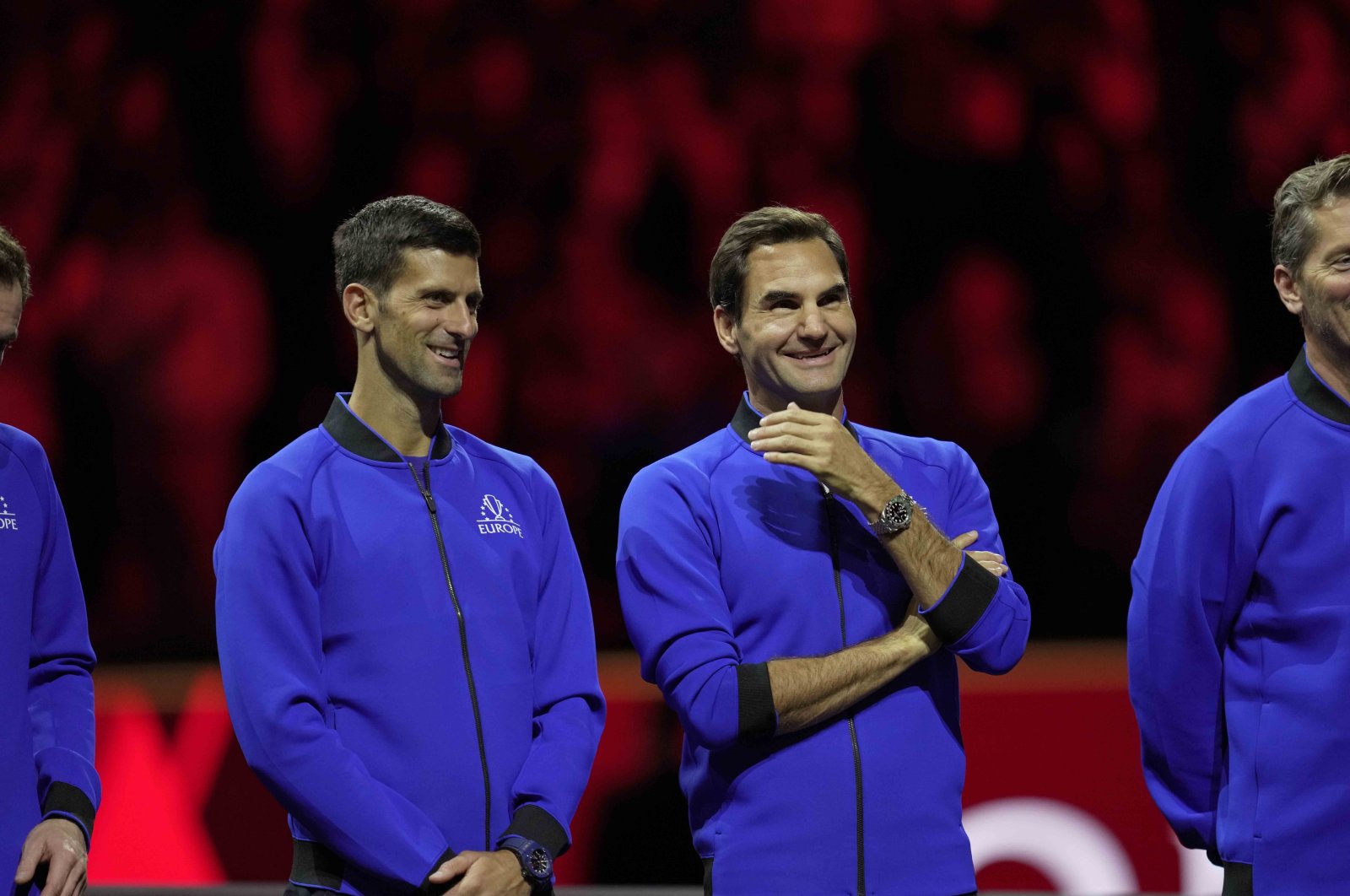 Team Europe&#039;s Novak Djokovic and Roger Federer stand side by side at the end of the Laver Cup tennis tournament in London, U.K., Sept. 25, 2022. (AP Photo