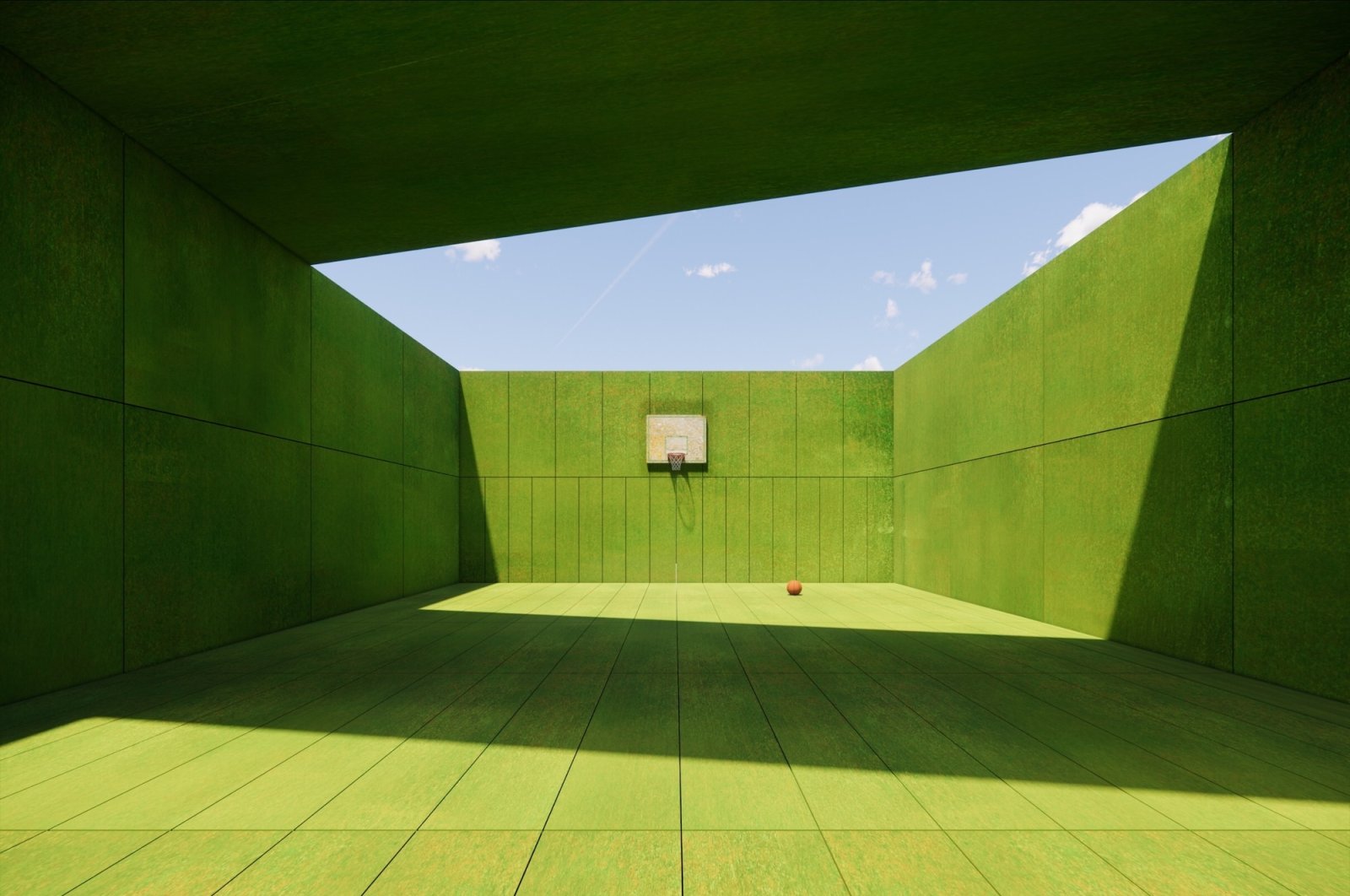 &quot;EXIT 001: Green Suede Walls for the Basketball Court,&quot; a typical setting for a basketball court with green suede balls. A ball sits in the middle of the court reminiscent of a solo game. The court has its own rules. (Photo courtesy of Ceren Arslan)