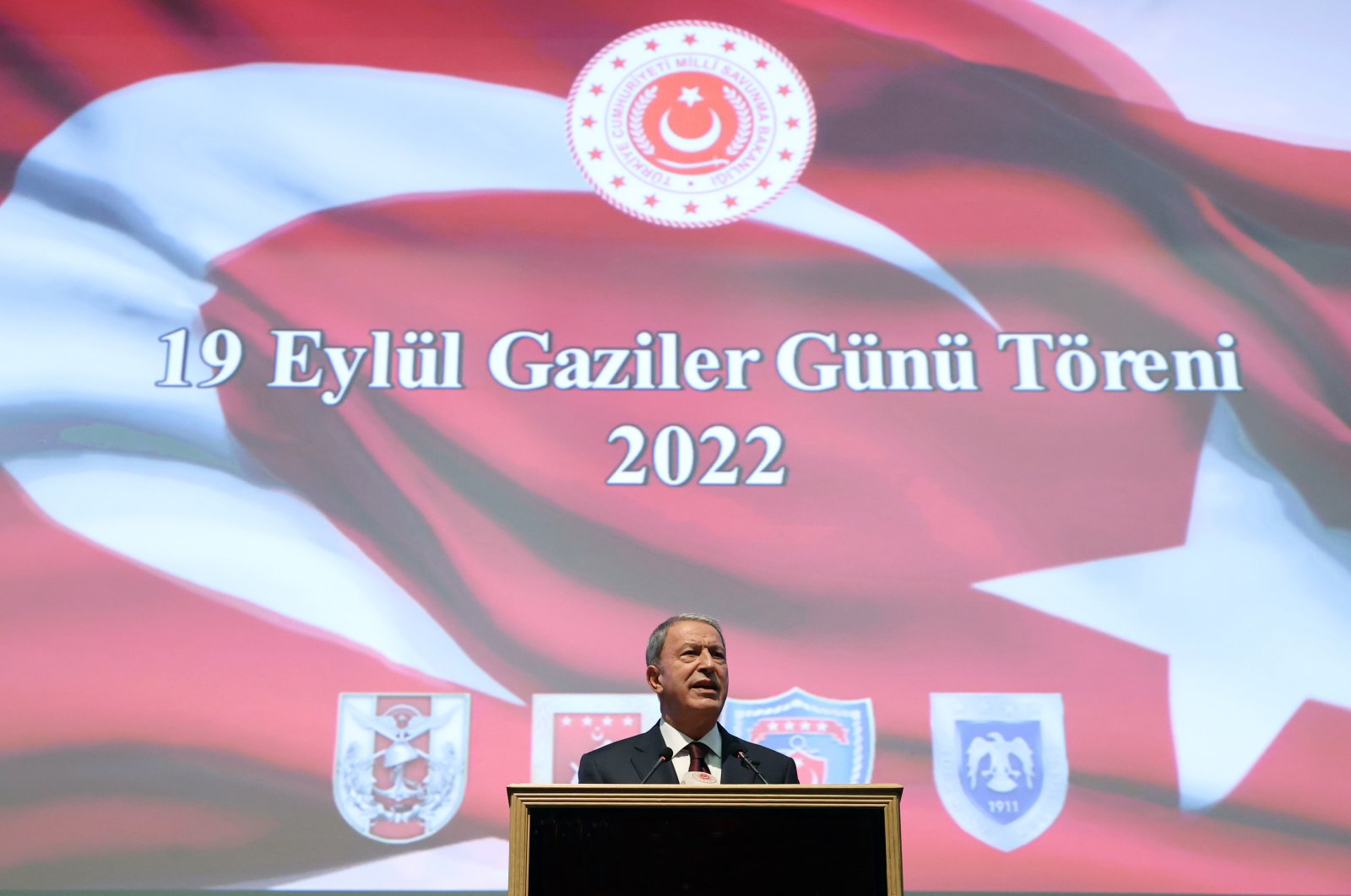 Defense Minister Hulusi Akar speaks at an event to mark Veterans Day in the capital Ankara, Türkiye, Sept. 28, 2022. (AA)