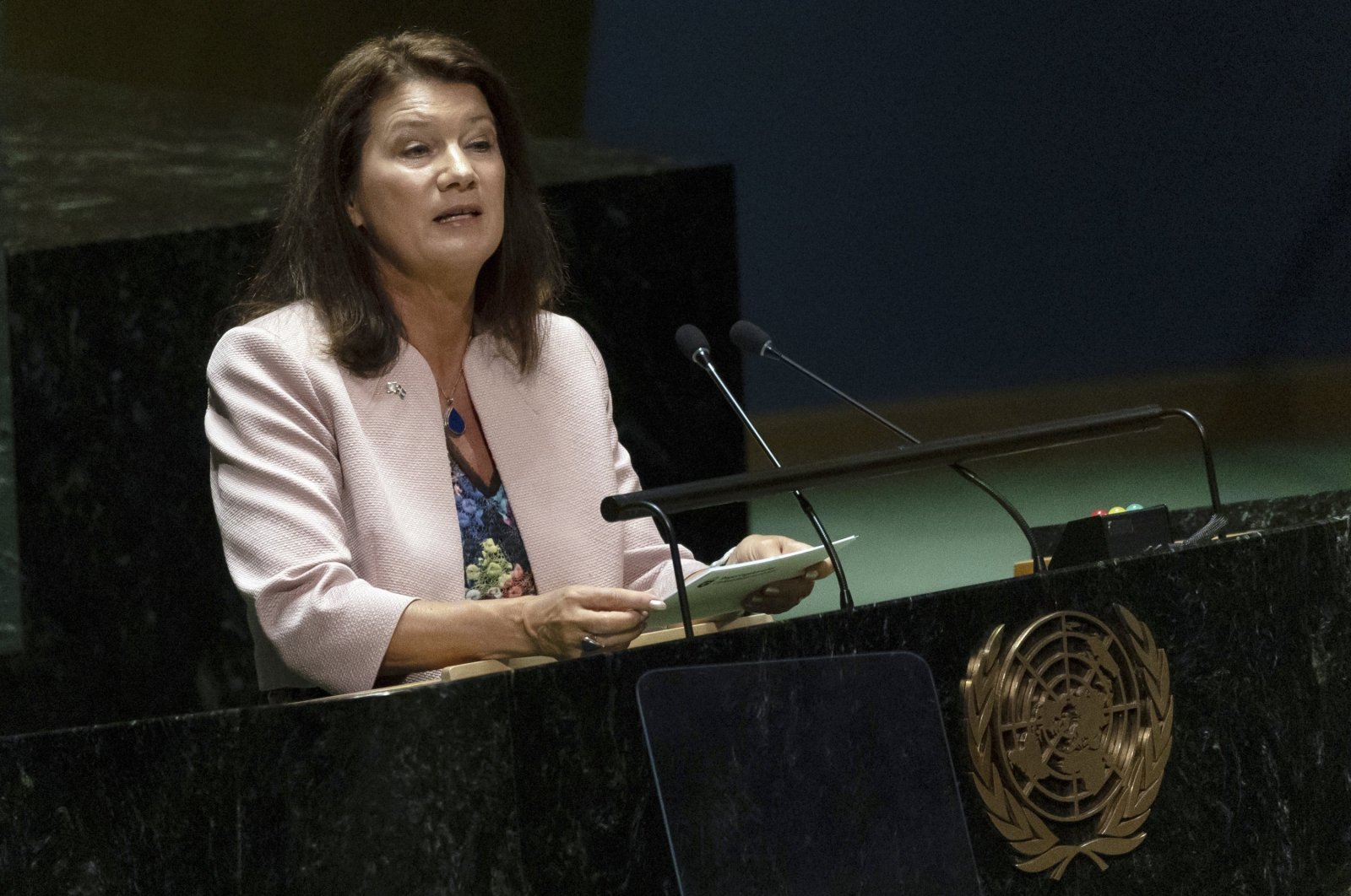 Sweden&#039;s Foreign Minister Ann Linde addresses the 2022 Nuclear Non-Proliferation Treaty (NPT) review conference at the United Nations General Assembly, Aug. 1, 2022. (AP Photo)