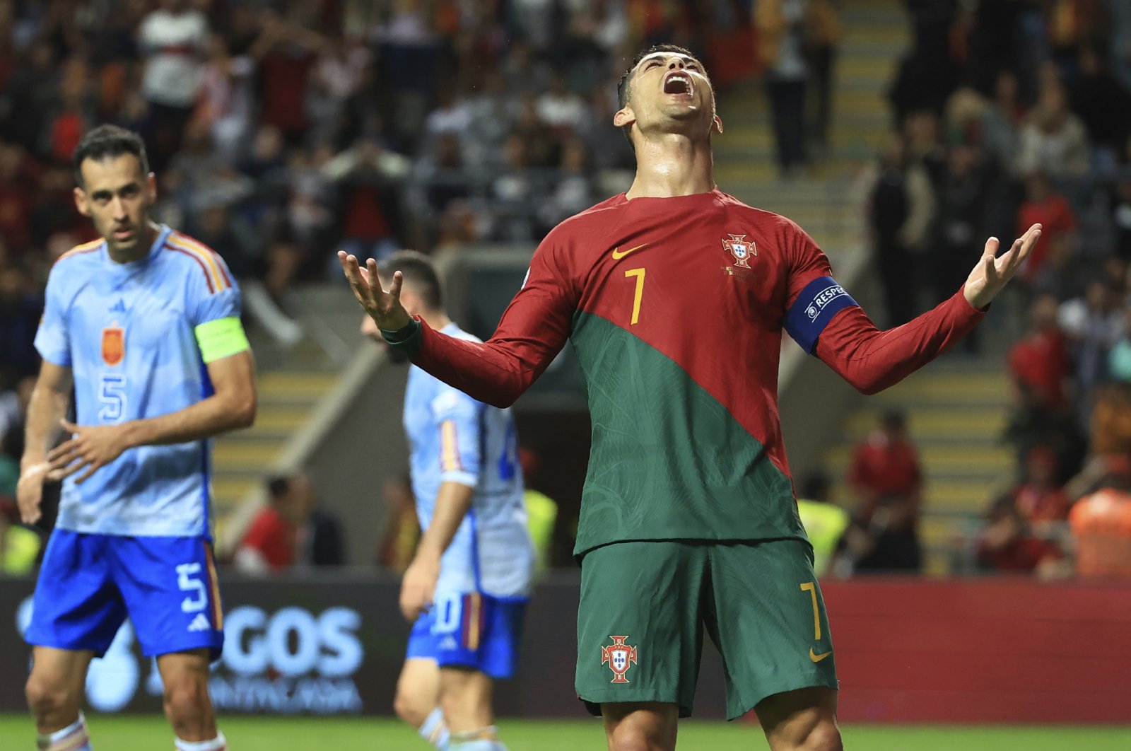 Portugal&#039;s Cristiano Ronaldo reacts after missing a scoring chance during the UEFA Nations League soccer match between Portugal and Spain at the Municipal Stadium, Braga, Portugal, Sept. 27, 2022. (AP Photo)