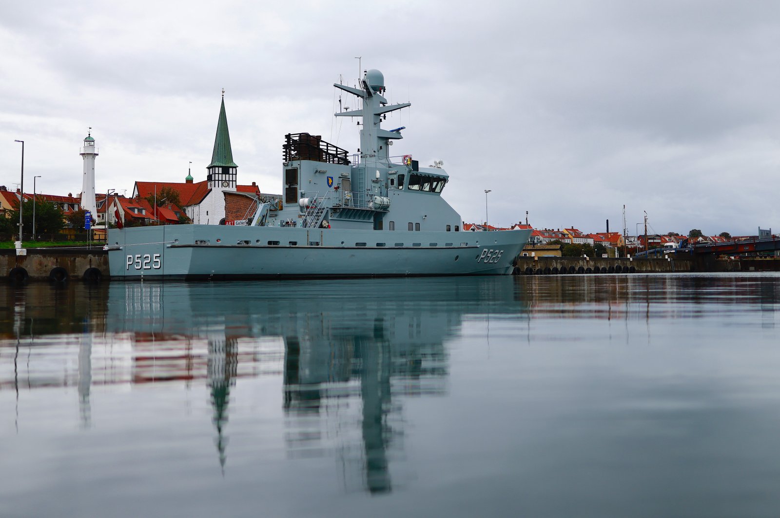  A Danish military vessel at the harbor of Ronne at the island Bornholm, Denmark, Sept. 28, 2022. (EPA Photo)