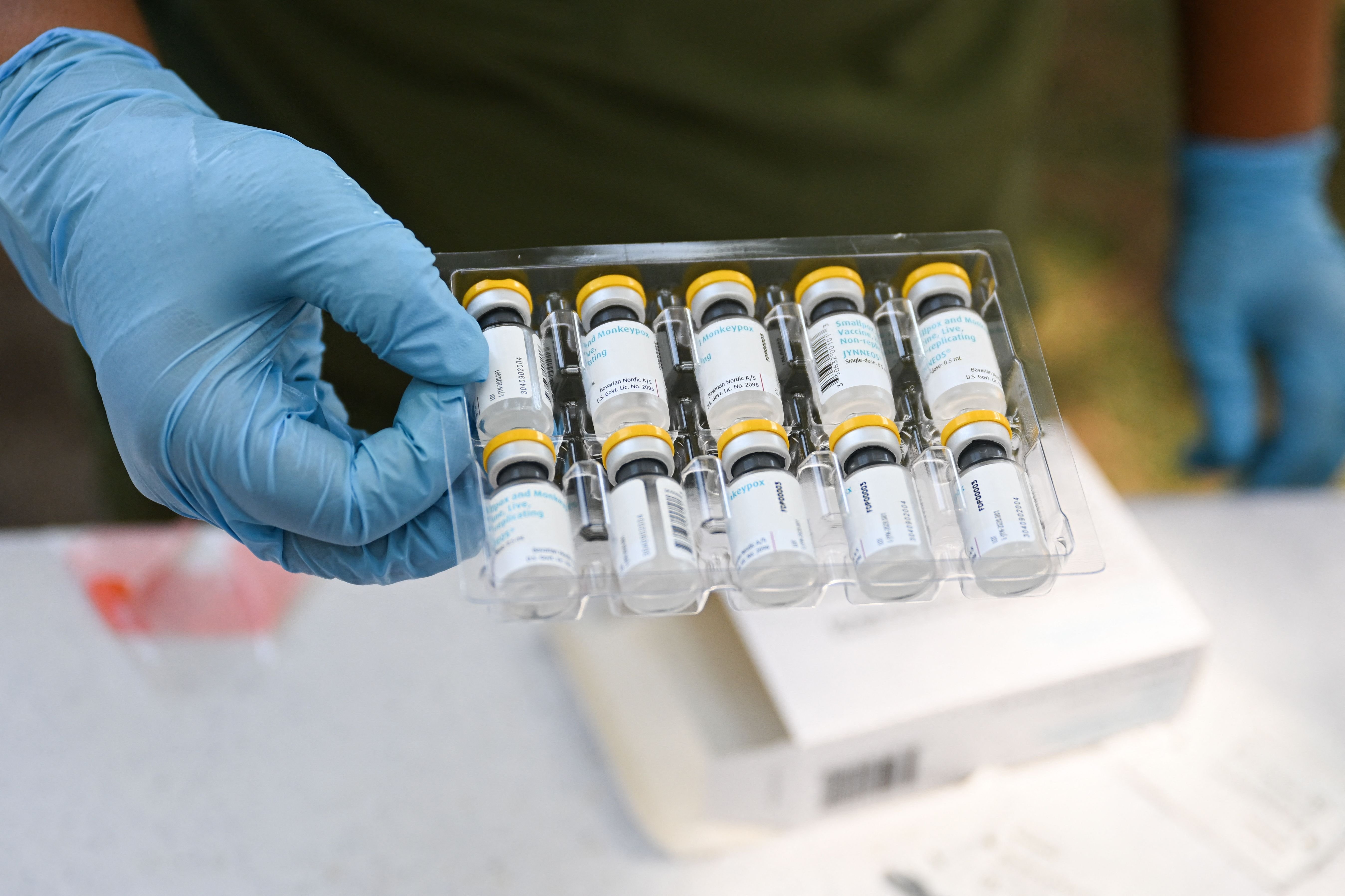 Vials of the JYNNEOS Monkeypox vaccine are prepared at a pop-up vaccination clinic in Los Angeles, California, U.S., Aug. 9, 2022. (Photo by Patrick T. FALLON / AFP)