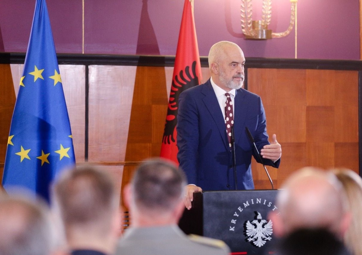 Albanian Prime Minister Edi Rama speaks at the signing of a satellite service contract between the Albanian National Civil Defense Agency and the firm Satellogic USA to monitor the country with advanced defense and security technology, Sept. 29, 2022. (AA Photo)