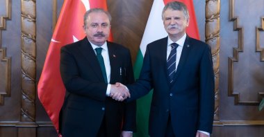 Turkish Parliament Speaker Mustafa Şentop (L) meets with his Hungarian counterpart Laszlo Köver (R) in Budapest, Hungary, Sept. 29, 2022. (DHA Photo)