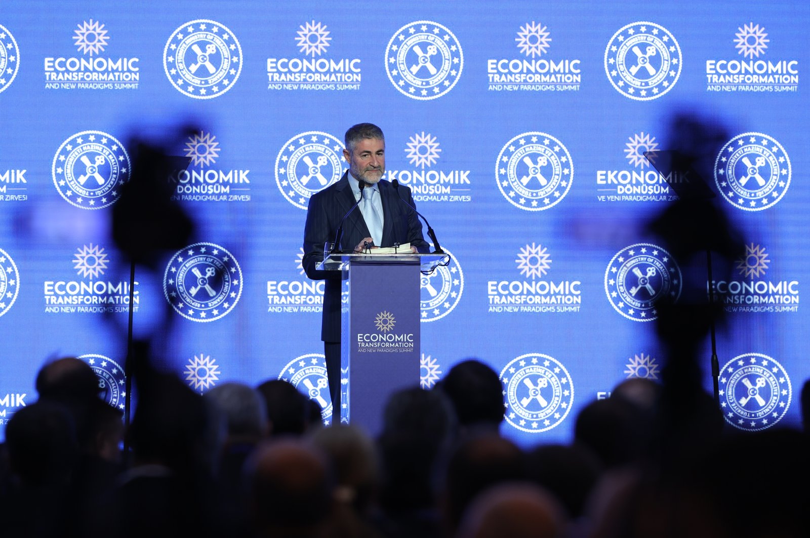 Treasury and Finance Minister Nureddin Nebati speaks during the Economic Transformation and New Paradigms Summit in Istanbul, Türkiye, Sept. 29, 2022. (AA Photo)