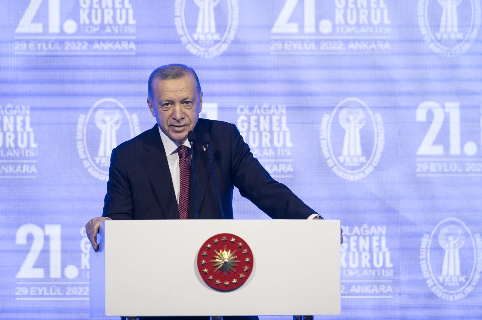 President Recep Tayyip Erdoğan speaks during the general assembly of the Confederation of Turkish Tradesmen and Craftsmen (TESK), in Ankara, Türkiye, Sept. 29, 2022. (AA Photo)