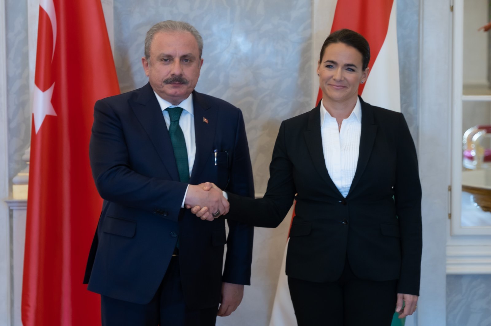 Parliament Speaker Mustafa Şentop (L) meets with Hungarian President Katalin Novak in Budapest, Hungary, Sept. 29, 2022. (AA Photo)