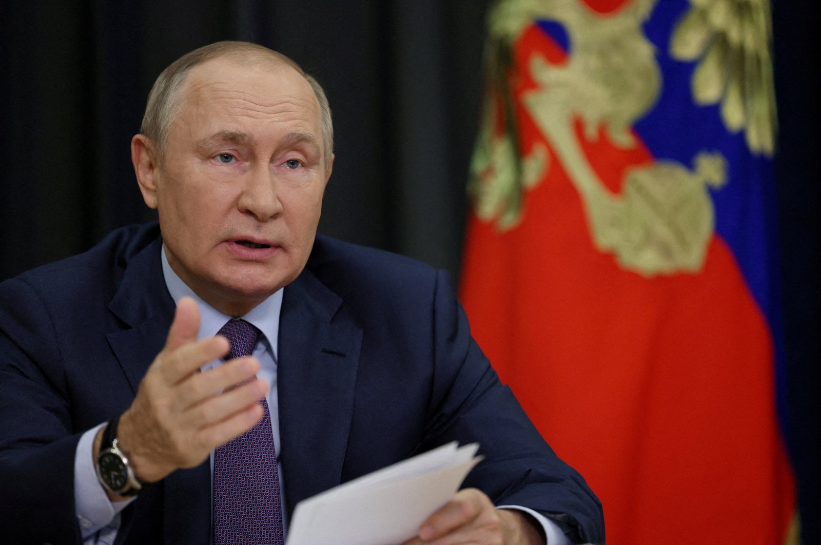 Russian President Vladimir Putin chairs a meeting via video link. Sochi, Russia Sept. 27, 2022. (Reuters Photo)