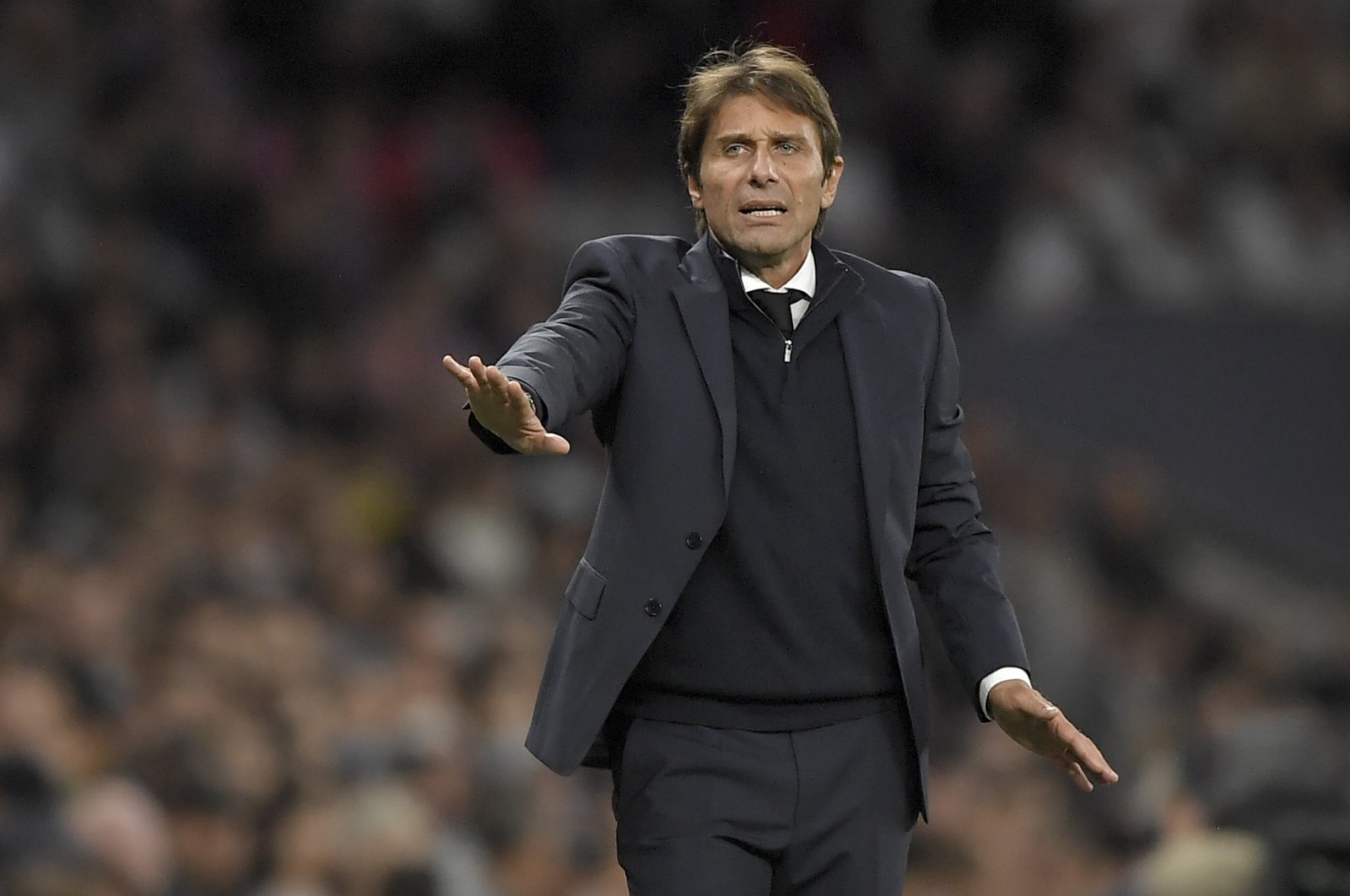 Tottenham manager Antonio Conte reacts during the English Premier League soccer match between Tottenham Hotspur and Leicester City, London, Britain, Sept. 17, 2022. (EPA Photo)