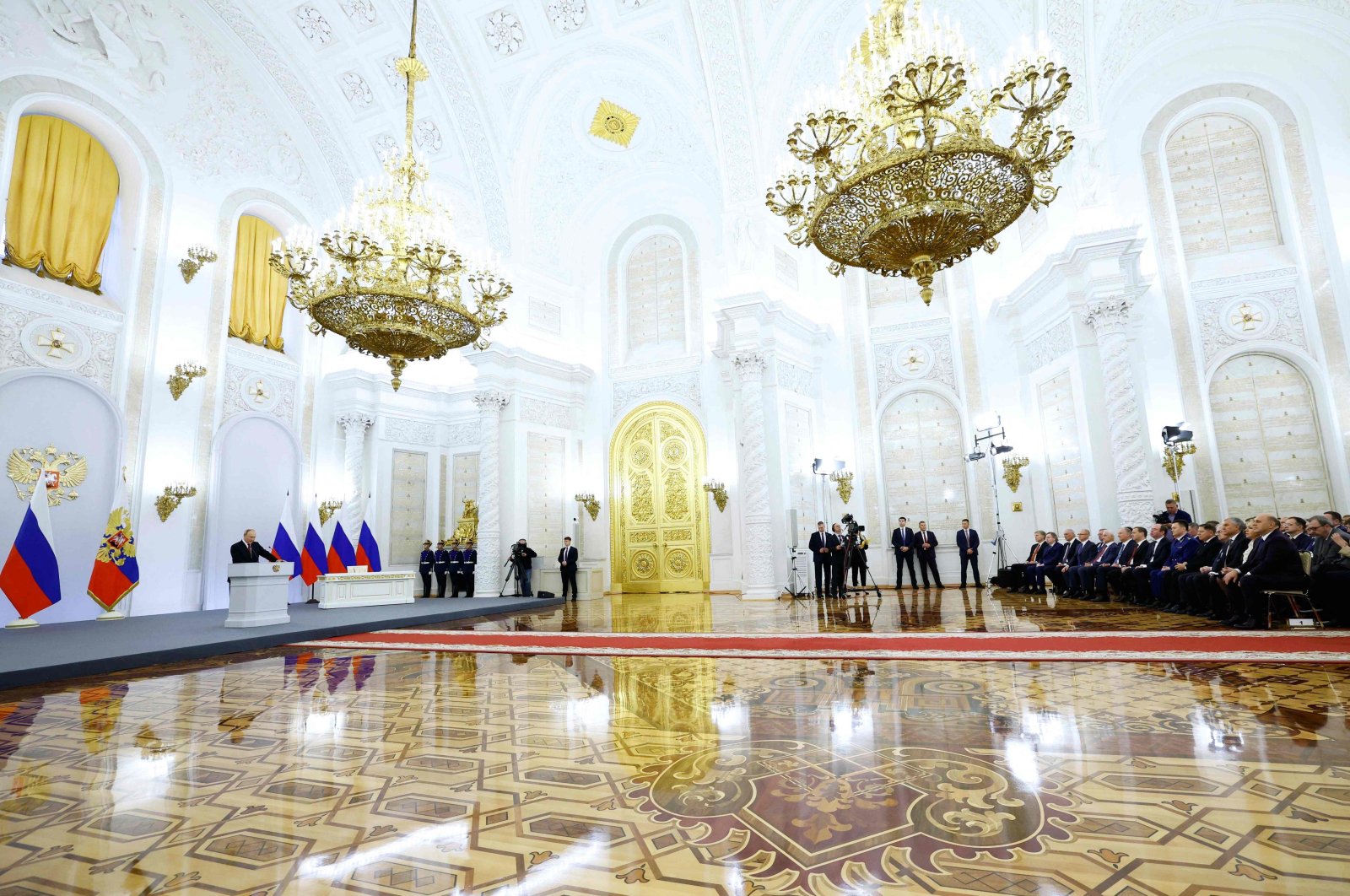 Russian President Vladimir Putin gives a speech during a ceremony formally annexing four regions of Ukraine, at the Kremlin, Moscow, Russia, Sept. 30, 2022. (Photo by Dmitry Astakhov / SPUTNIK / AFP)