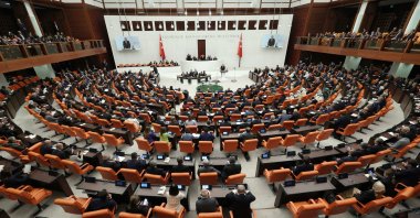 President Recep Tayyip Erdoğan (C alone) addresses Parliament to mark the opening of the new legislative year, at the Turkish Parliament in Ankara, Türkiye, Oct. 1, 2022. (AFP Photo)