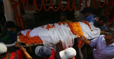 Funeral for 49-year-old U.S. skier Hilaree Nelson, who lost her life while skiing with her partner Jim Morrison on Manaslu Mountain at an altitude of 8,163 meters. Kathmandu, Nepal, Oct. 2, 2022. (AA Photo)
