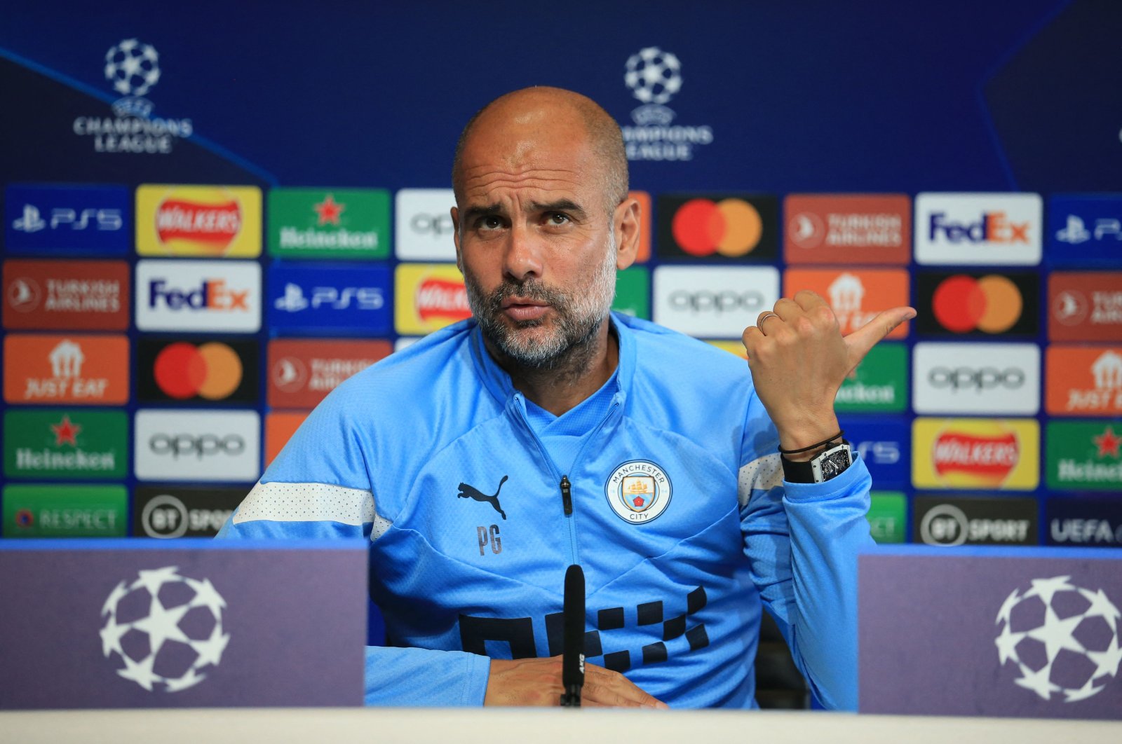 Manchester City manager Pep Guardiola speaks during a press conference on the eve of the UEFA Champions League match between Manchester City and Borussia Dortmund, Manchester, Britain, Sept. 13, 2022. (AFP Photo)