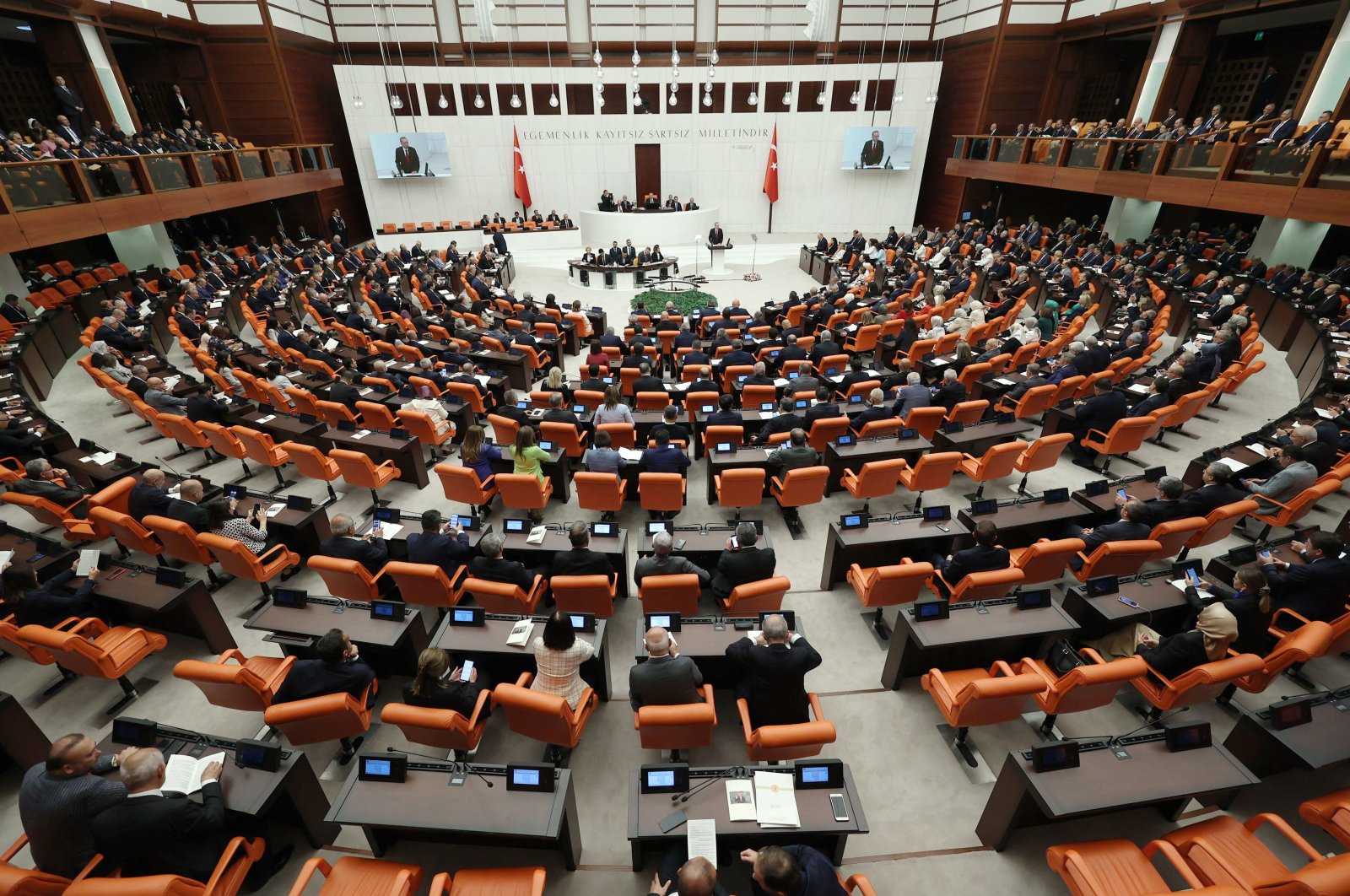 President Recep Tayyip Erdoğan (C alone) addresses Parliament to mark the opening of the new legislative year, at the Turkish Parliament in Ankara, Türkiye, Oct. 1, 2022. (AFP Photo)