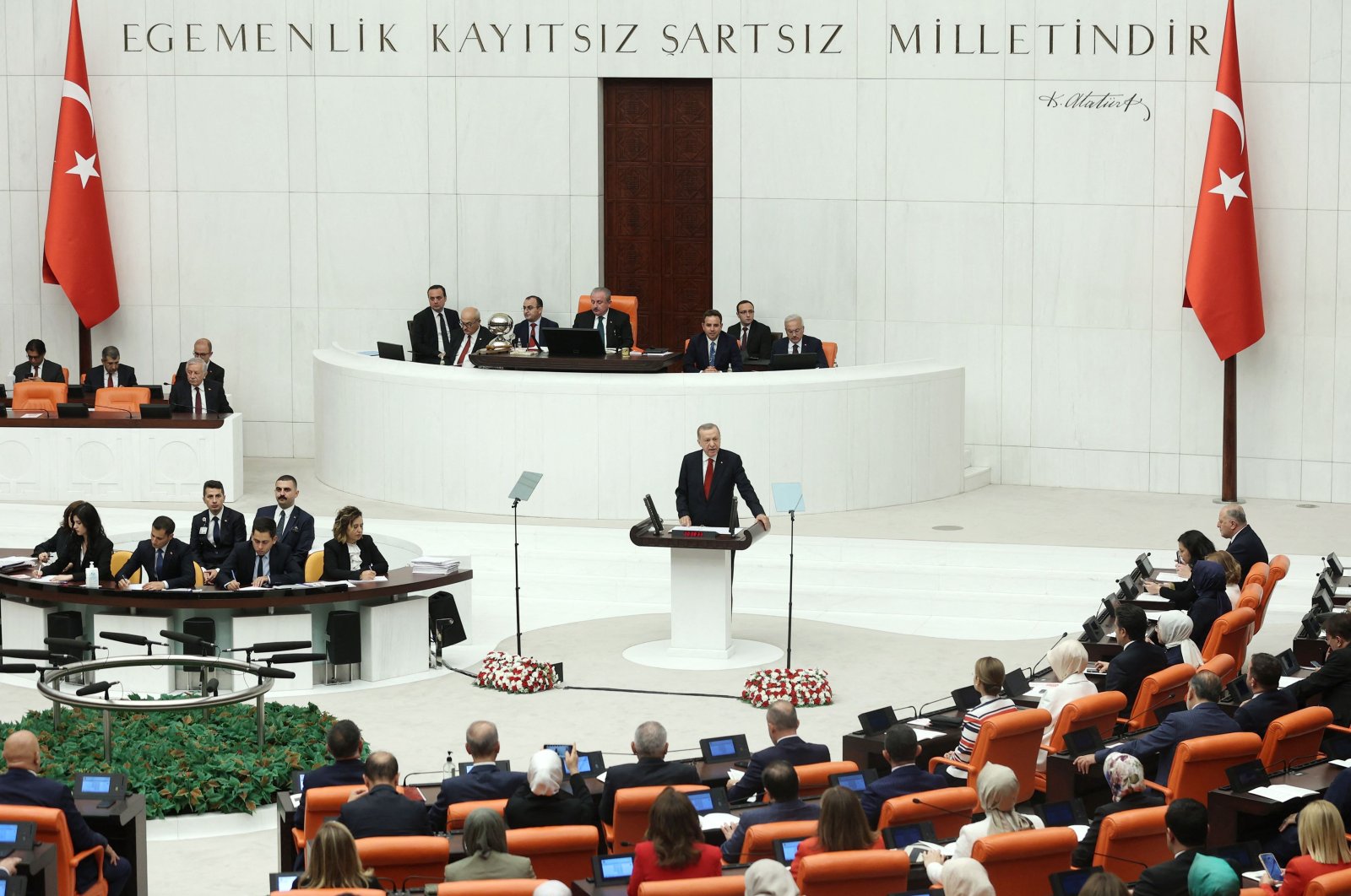 President Recep Tayyip Erdoğan addresses Parliament to mark the opening of the new legislative year, at the Grand National Assembly of Türkiye in Ankara, Oct. 1, 2022. (AFP Photo)
