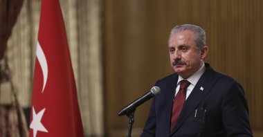 Parliament Speaker Mustafa Şentop speaks in Ankara, Türkiye, Feb. 18, 2022. (AA Photo)