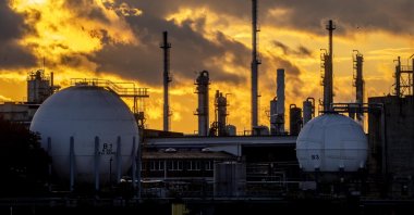 Chimneys and gas tanks are pictured on the BASF chemical plant in Ludwigshafen, Germany, Sept. 27, 2022. (AP Photo)
