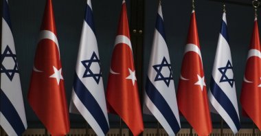 Israeli and Turkish flags are seen during a news conference attended by President Recep Tayyip Erdoğan and Israel&#039;s President Isaac Herzog in Ankara, Türkiye, March 9, 2022. (AP Photo)