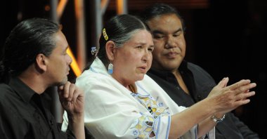 Activist and actress Sacheen Littlefeather, a subject of the PBS special "Reel Injun," participates in a panel discussion about the show with directors Neil Diamond (L) and Chris Eyre at the PBS Television Critics Association summer press tour in Beverly Hills, California, U.S., Aug. 5, 2010. (AP Photo)