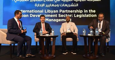 Murtaza Karanfil (2nd L), head of the Türkiye-Libya Business Council at the Turkish Foreign Economic Relations Board (DEIK), Ghaleb Gheblawi, CEO of ADD International Group (L), Issa al-Hadiri (2nd R), the investment projects director of the public firm Libyan Development and Investment Holding and Hashem al-Zawi (R), a director at the Libyan Investment Promotion and Privatization Affairs Authority, during the Urbanexpo Forum, in Istanbul, Türkiye, Oct. 3, 2022. (AA Photo)