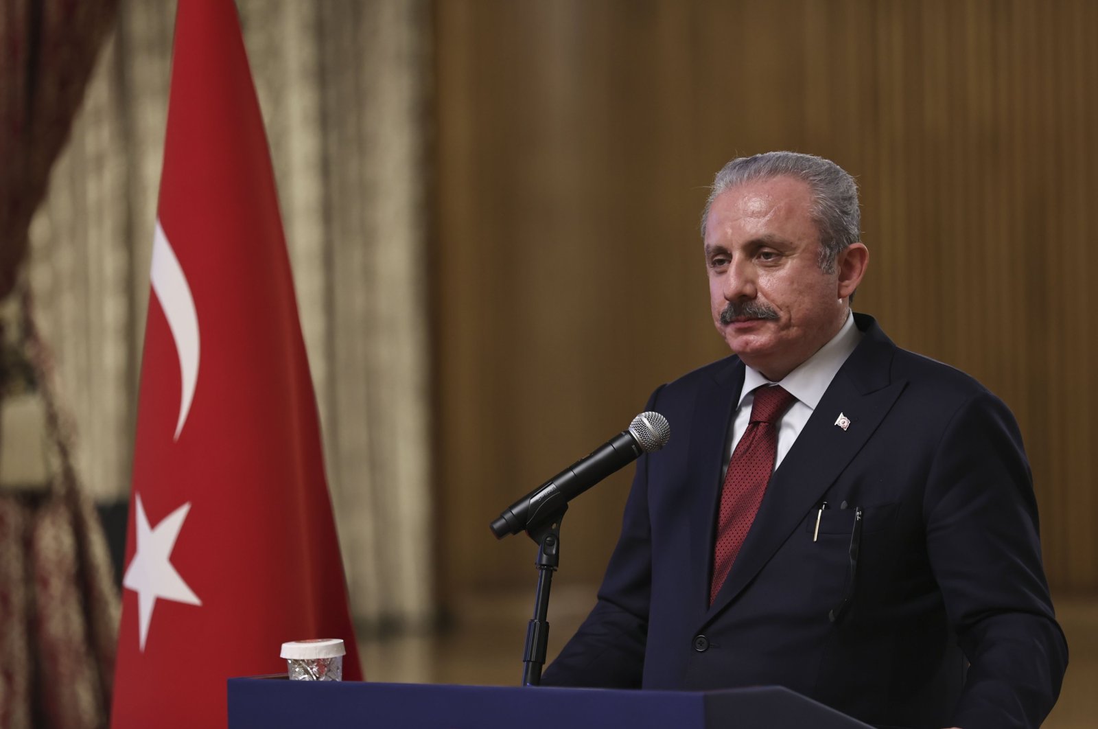 Parliament Speaker Mustafa Şentop speaks in Ankara, Türkiye, Feb. 18, 2022. (AA Photo)