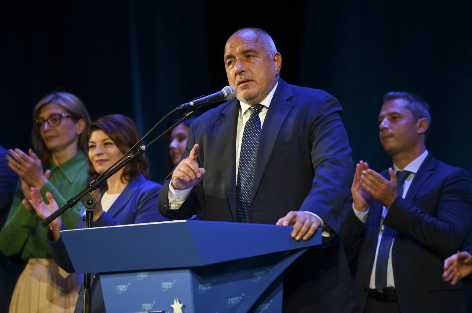The head of the GERB party, former Prime Minister Boyko Borisov, delivers a speech during a preelection rally ahead of the election, Plovdiv, Bulgaria, Sept. 30, 2022. (AFP Photo)