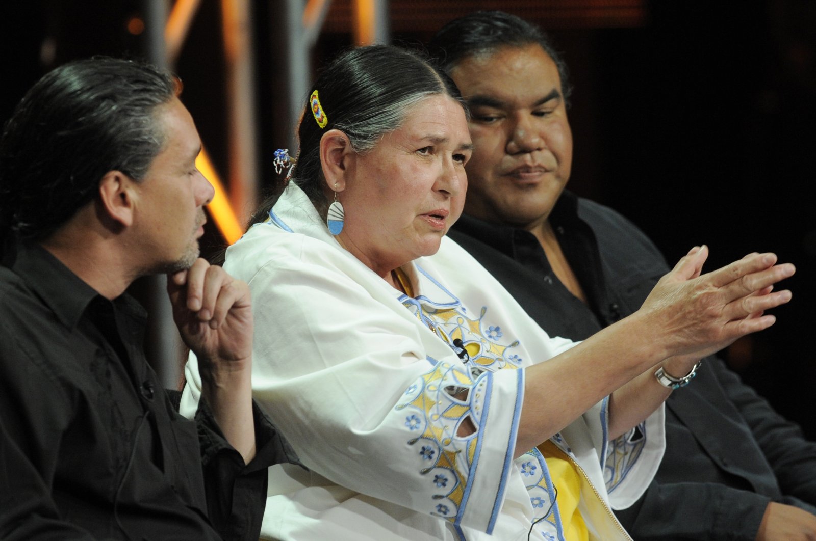 Activist and actress Sacheen Littlefeather, a subject of the PBS special &quot;Reel Injun,&quot; participates in a panel discussion about the show with directors Neil Diamond (L) and Chris Eyre at the PBS Television Critics Association summer press tour in Beverly Hills, California, U.S., Aug. 5, 2010. (AP Photo)