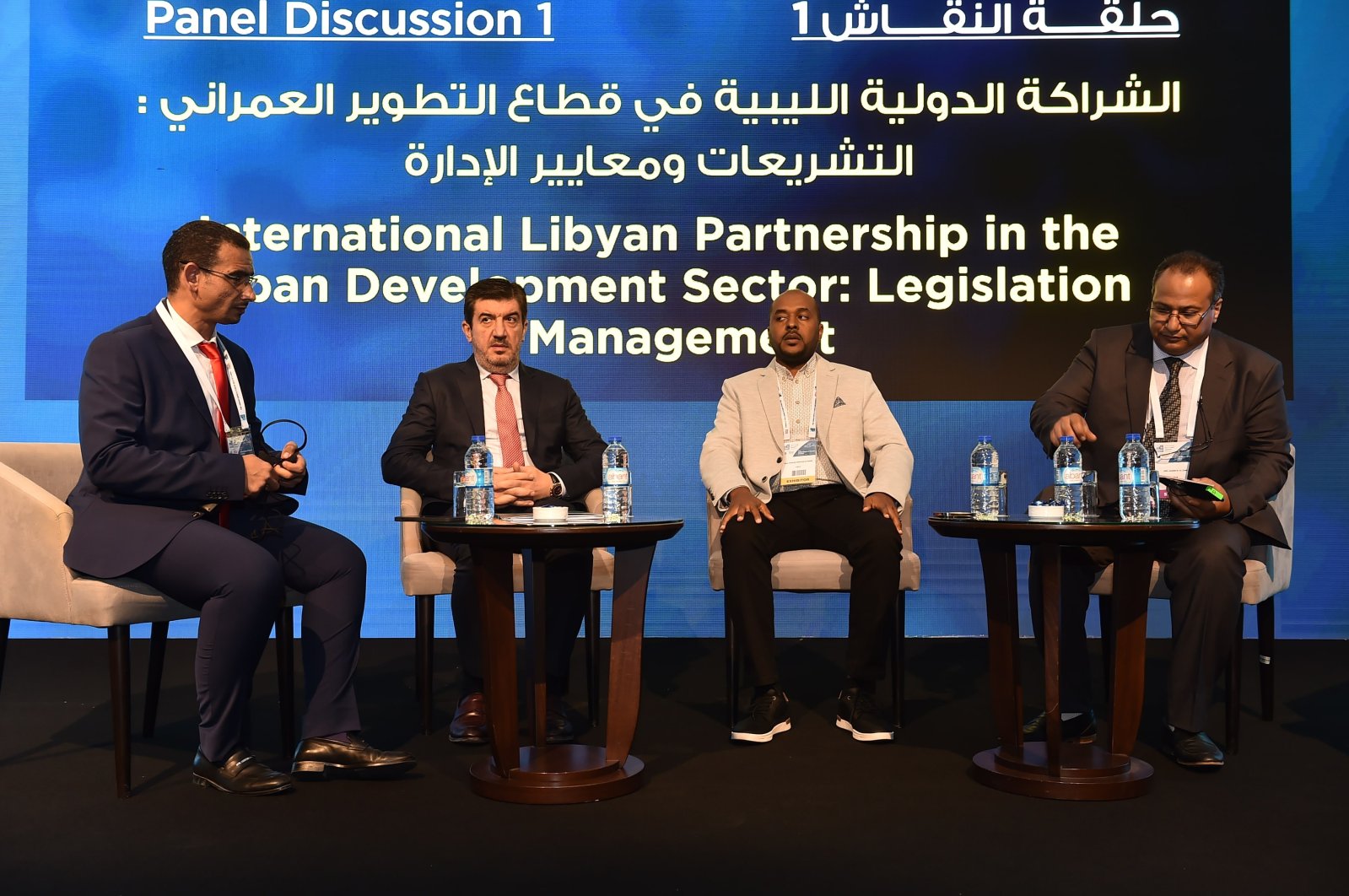 Murtaza Karanfil (2nd L), head of the Türkiye-Libya Business Council at the Turkish Foreign Economic Relations Board (DEIK), Ghaleb Gheblawi, CEO of ADD International Group (L), Issa al-Hadiri (2nd R), the investment projects director of the public firm Libyan Development and Investment Holding and Hashem al-Zawi (R), a director at the Libyan Investment Promotion and Privatization Affairs Authority, during the Urbanexpo Forum, in Istanbul, Türkiye, Oct. 3, 2022. (AA Photo)