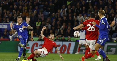 Leicester City's James Maddison scores their first goal in English Premier League match between Leicester City and Nottingham Forest at King Power Stadium, Leicester, Britain, Oct. 3, 2022. (REUTERS Photo)