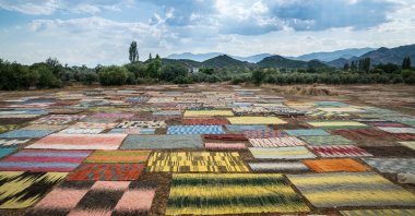 Carpets are laid out under the sun in a field, in Antalya, Türkiye. (Shutterstock Photo)