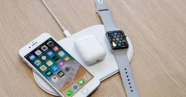 An AirPower wireless charger is displayed along with other products during an Apple launch event in Cupertino, California, U.S., Sept.12, 2017. (Reuters File Photo)