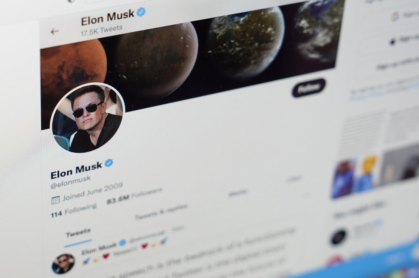 The Twitter page of Elon Musk is seen on the screen of a computer in Sausalito, California, U.S., April 25, 2022. (AP Photo)