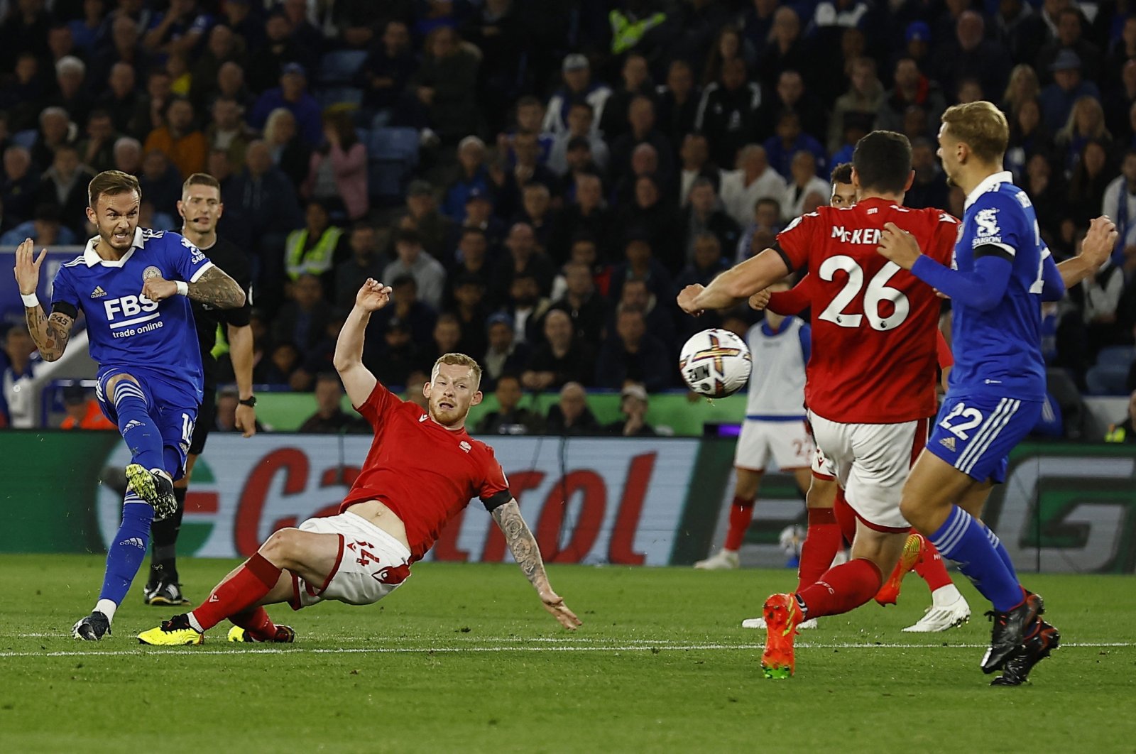 Leicester City&#039;s James Maddison scores their first goal in English Premier League match between Leicester City and Nottingham Forest at King Power Stadium, Leicester, Britain, Oct. 3, 2022. (REUTERS Photo)
