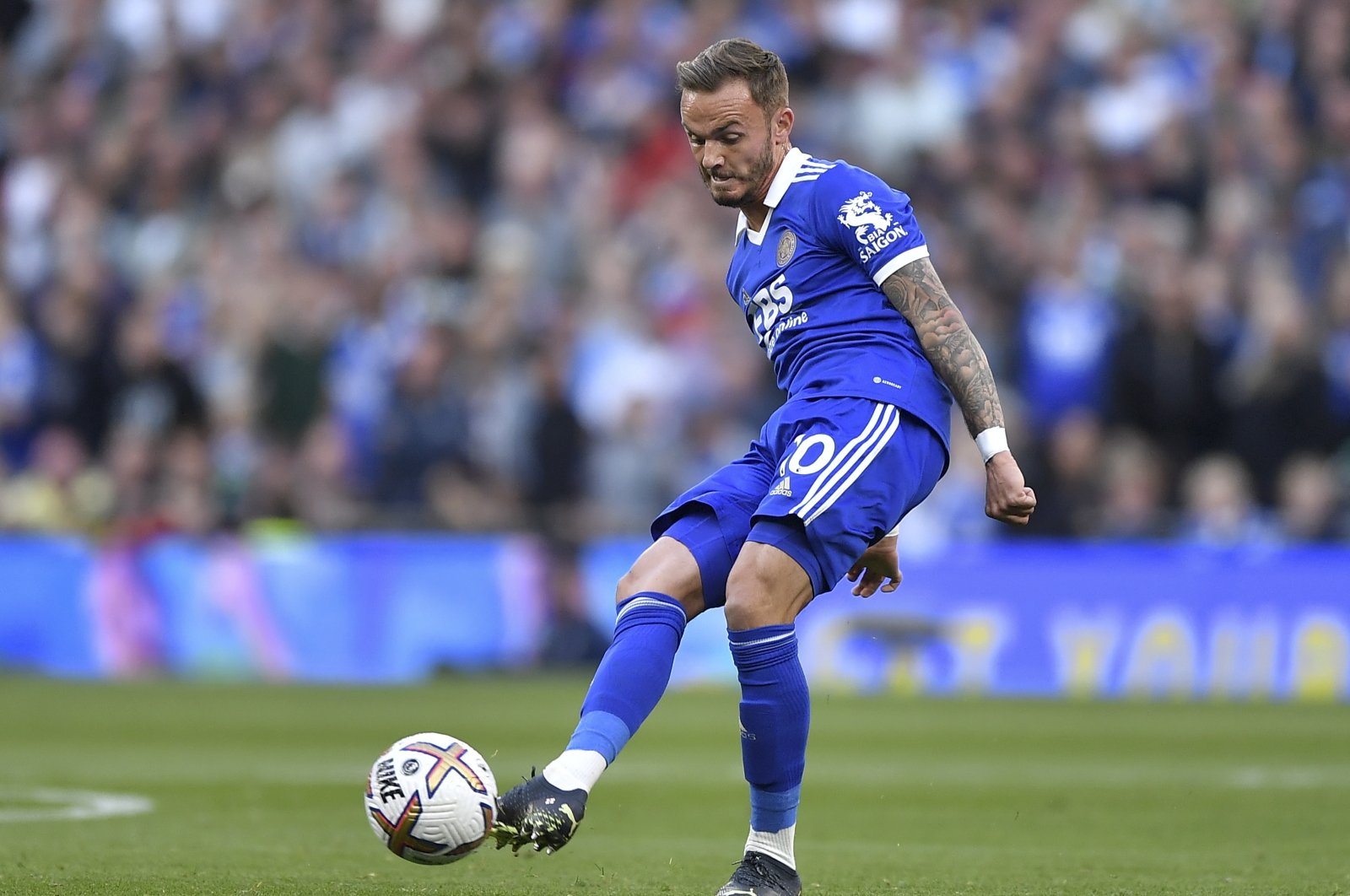Leicester&#039;s James Maddison in action during the English Premier League football match between Tottenham Hotspur and Leicester City in London, Britain, Sept. 17, 2022. (EPA Photo)