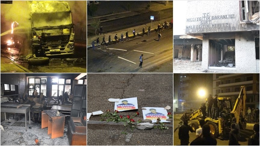 A combination of photos of damaged vehicles, buildings, rioters and posters of Yasin Börü, a victim of riots with flowers placed next to the poster. (AA PHOTO)