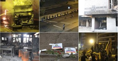 A combination of photos of damaged vehicles, buildings, rioters and posters of Yasin Börü, a victim of riots with flowers placed next to the poster. (AA PHOTO)