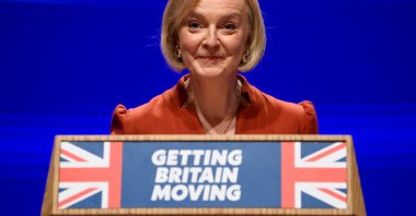 British Prime Minister Liz Truss speaks on stage at the Conservative Party's annual conference in Birmingham, Britain, Oct. 5, 2022. (Reuters Photo)