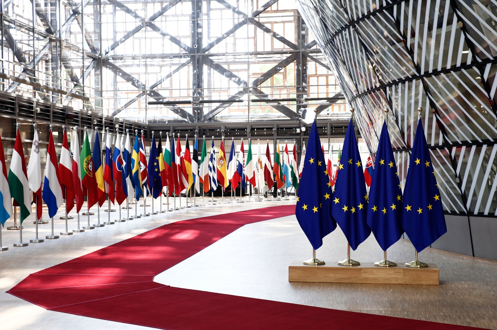 EU flags in the EU Council building during the summit in Brussels, Belgium Jun. 28, 2018. (Shutterstock Photo)