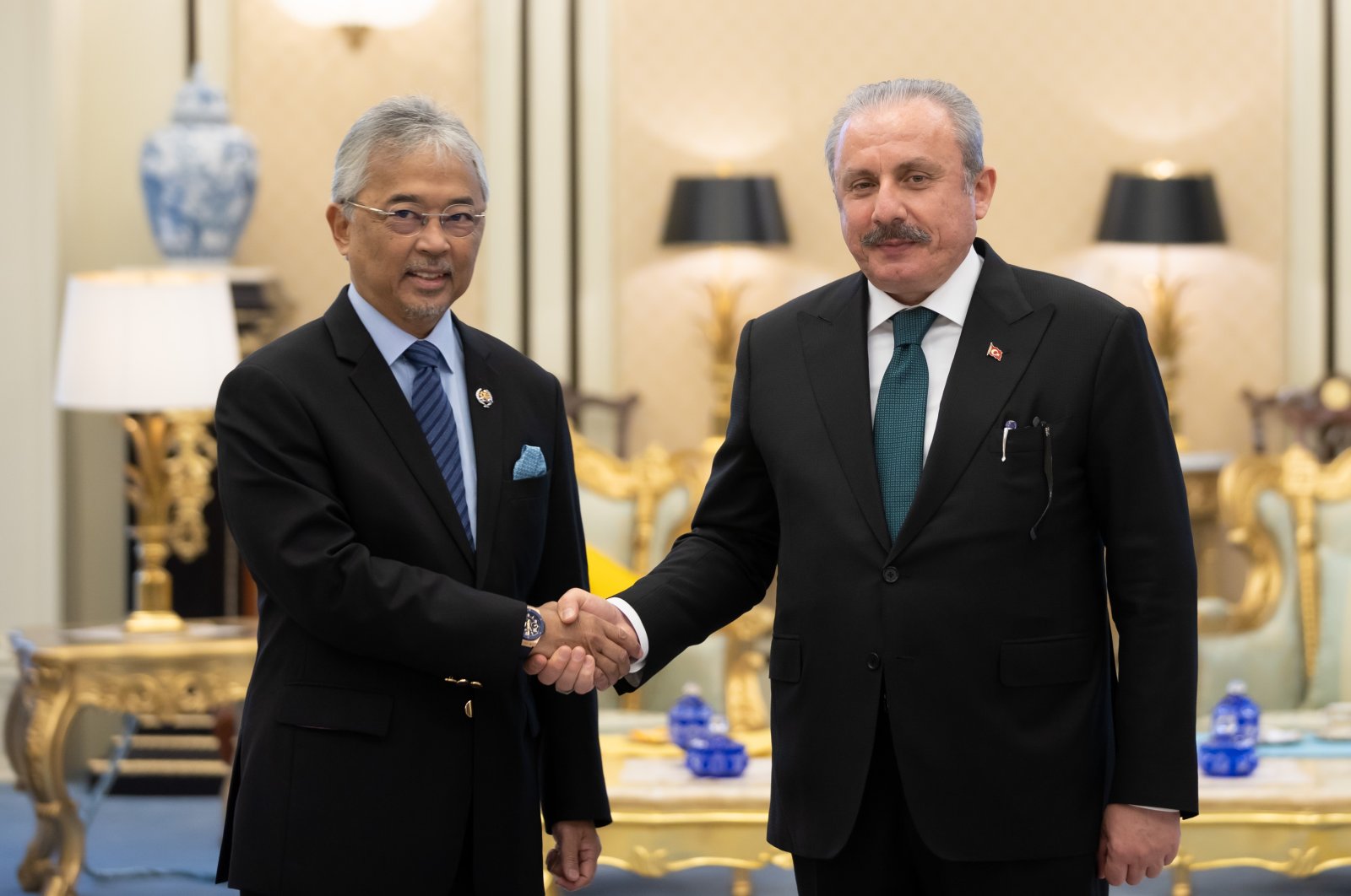 Turkish Parliament Speaker Mustafa Şentop (R) meets with the king of Malaysia, Sultan Abdullah Sultan Ahmad Shah in Kuala Lumpur, Malaysia, Oct. 5, 2022. (AA Photo)