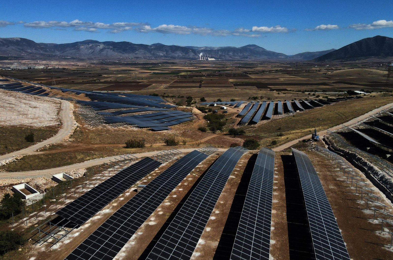 A photo taken using a drone shows the Solar Park &#039;Lightsource bp&#039; currently under construction in the Kozani region, Greece, Oct. 4, 2022 (EPA Photo)