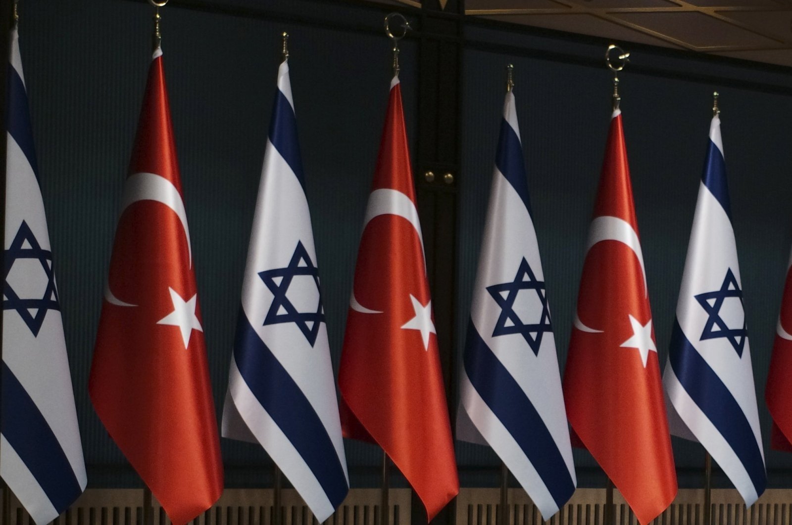Israeli and Turkish flags are seen during a news conference attended by President Recep Tayyip Erdoğan and Israel&#039;s President Isaac Herzog in Ankara, Türkiye, March 9, 2022. (AP Photo)