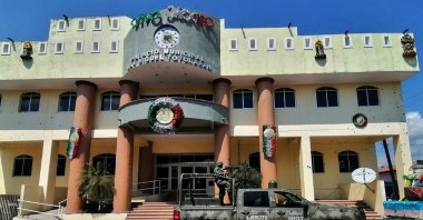 Members of the Mexican army guard the area where an armed attack took place, at the Municipal Palace of San Miguel Totolapan, Guerrero, Mexico, Oct. 5, 2022. (EPA Photo)