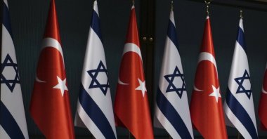 Israeli and Turkish flags are seen during a news conference attended by President Recep Tayyip Erdoğan and Israel&#039;s President Isaac Herzog in Ankara, Türkiye, March 9, 2022. (AP Photo)